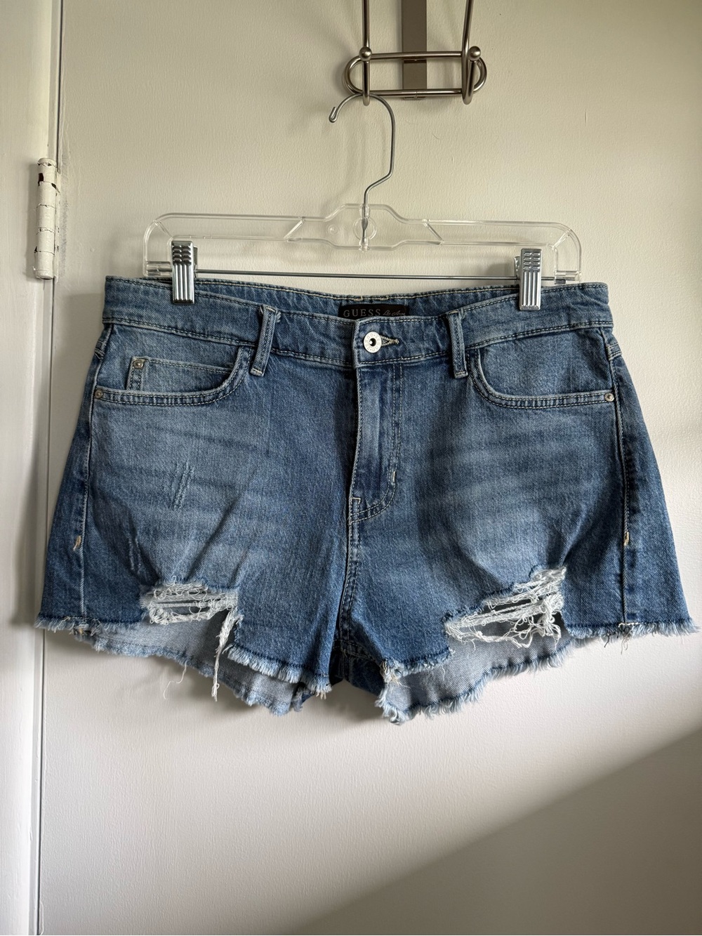 Guess Los Angeles Light Blue Distressed Denim Shorts, Size 31